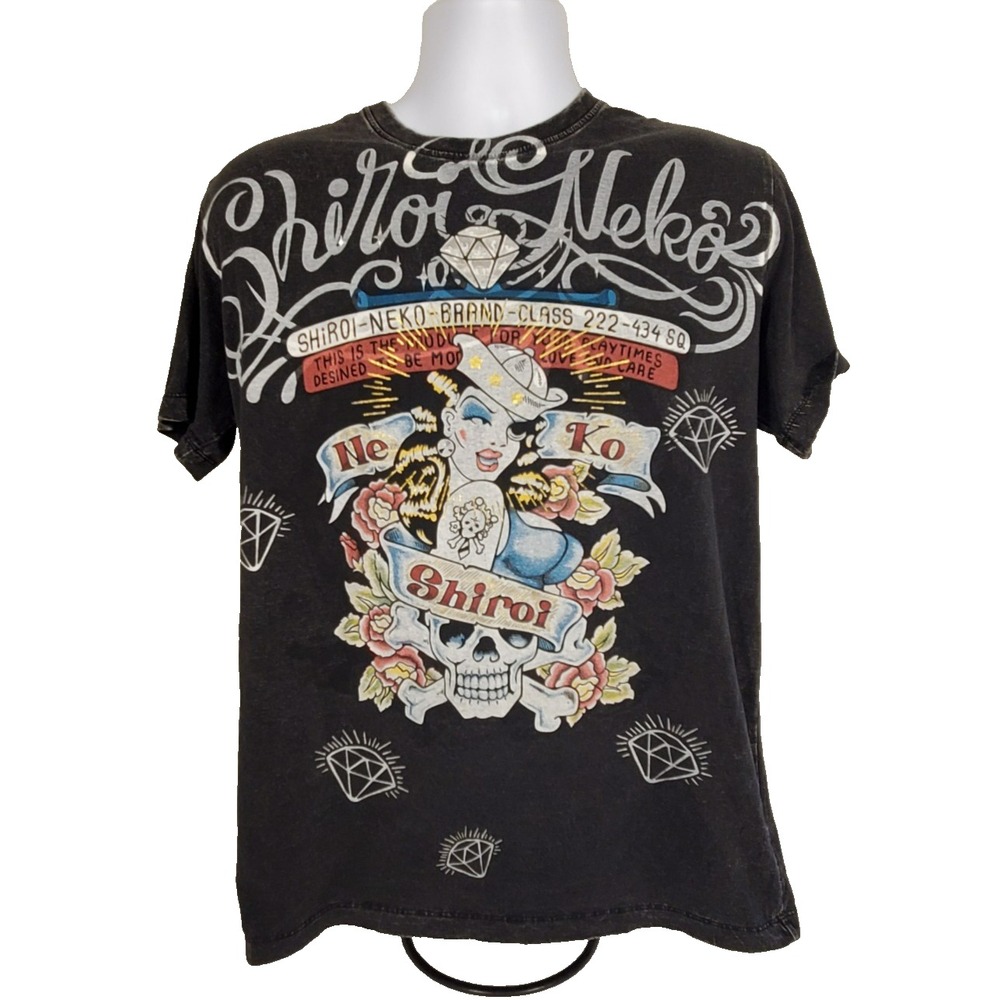 Shiroi Neka‎ Large Black T-Shirt Pirate Skull 100% Cotton
